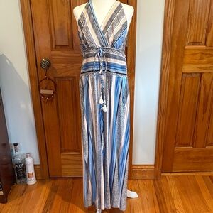 VENUS Blue and Beige Striped Jumpsuit